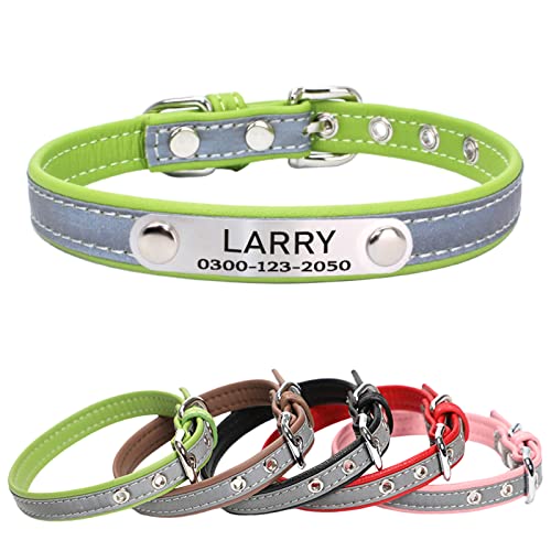 Personalized Reflective Dog & Cat Collar with Silent ID Tag, Custom Engraved Pet Name & Phone Number, Ultra Soft Microfiber, No-Jingle Safety Collar for Small Medium Large Dogs - color: Green, size: XS: 8-10" (Fit 5-11 lb)