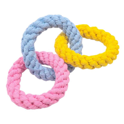 Tri-Color Cotton Rope Dog Toy, Hand-Woven Triple Ring Chew Toy, Durable Knotted Rope for Teething, Training & Interactive Play for Small and Medium Dogs (Pink-Yellow-Light Blue)