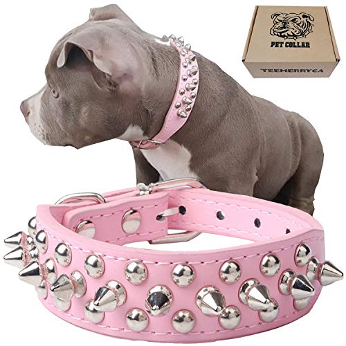 TEEMERRYCA Adjustable Leather Spiked Studded Dog Collars with a Squeak Ball Gift for Small Medium Large Pets Like Cats/Pit Bull/Bulldog/Pugs/Husky, Pink, L(15"-18.5") - color: PINK, size: L: 15"-18.5"(for Medium Dog)