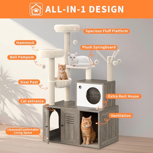 Garvee Cat Litter Box Enclosure with Tree Tower and Condo, Hidden Pet Washroom Furniture with Sisal Scratching Post,Hammocks and Soft Plush Perch, Wooden Cat Furniture with Multiple Platforms,Grey - color: Rustic Grey