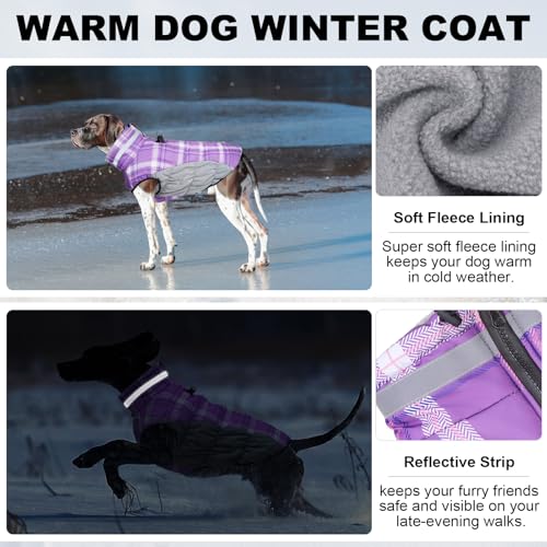 BEAUTYZOO Dog Winter Coat with Harness Built in, Reflective Plaid Puffer Vest Waterproof for Large Dogs, Fleece Warm Puppy Zipped Jacket with D Ring, Pet Cold Weather Sweater Clothes, Purple L - color: Purple, size: Large
