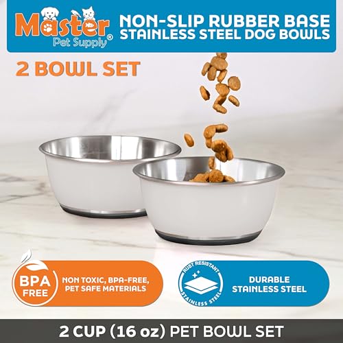 Master Pet Supply Stainless Steel Dog Bowls Set of 2 (16 Oz Each) with Non-Slip Rubber Base - Bone White - Basic Dog Food Bowl Water & Food Bowls for Small Medium Large Dogs & Cats, Metal Dish - color: Bone White, size: 2 Cups (16 oz) 2 Pack
