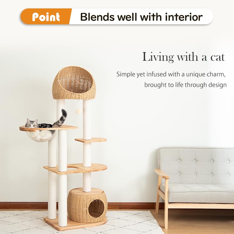 Wood Cat Tree for Large Cat, 60-Inch Tall Cat Tower with Scratching Post for Indoor Cats, Multi-Level Cat Condo with Hand-Woven Cat Bed and Acrylic Bowl Easy to Clean (Brown-81004S) - color: Nature 81004