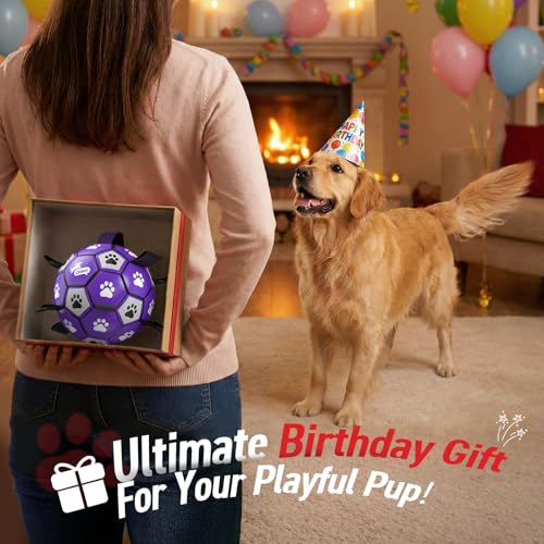 QDAN Dog Toys Soccer Ball with Straps - Dog Water Toy, Puppy Birthday Gifts, Durable Dog Balls for Small Medium Dogs （6 Inch） - color: Purple White, size: 6 Inch