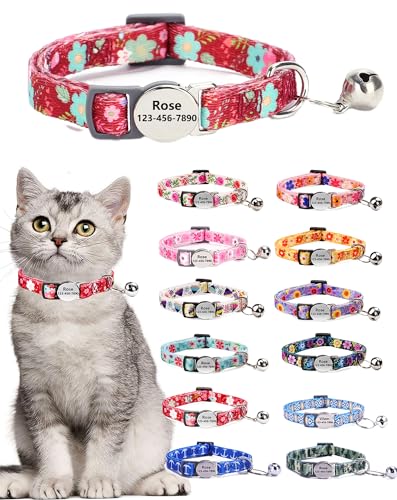 Custom Personalized Breakaway Kitten Cat Collar with ID Name Phone Number Tag Plate/Customized Engraved Floral Pattern Boy Girl Cat Kitten Collar with Bell-Red Flower - color: Red Flower