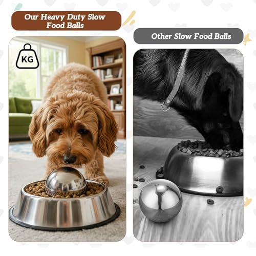 Soulchen Dog Food Slow Feeder Ball Heavy Stainless Steel 3.54 Inches/ 9 cm Large Size, Slows Fast Eating to Prevent Choking, Bloating & Obesity Pet Slow Feeding Toy Healthy Feeding for All Dogs