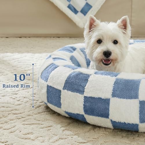 Ohocut Checkered Dog Bed, Cute Blue Retro Style Aesthetic Round Warming Pet Calming Beds for Small Dog and Cats, Plush Cozy Donut Dog Beds Washable, 30" L x 30" W x 8" Th - color: Blue, size: 30"L x 30"W x 8"Th