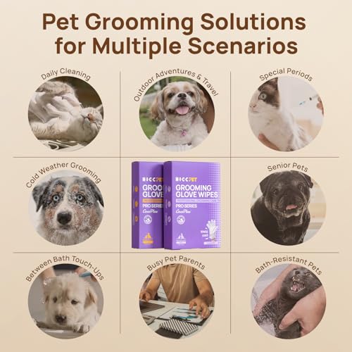 HICC PET Glove Wipes Pro | Pet Grooming Wipes for Dogs & Cats | Rinse-Free Grooming Mittens | 4-in-1 Cleaning & Conditioning | Pet Bathing Wipes for Horse Coat Care, Skin, Coat & Hoof | Unscented - size: 6 PCS - Pro Version