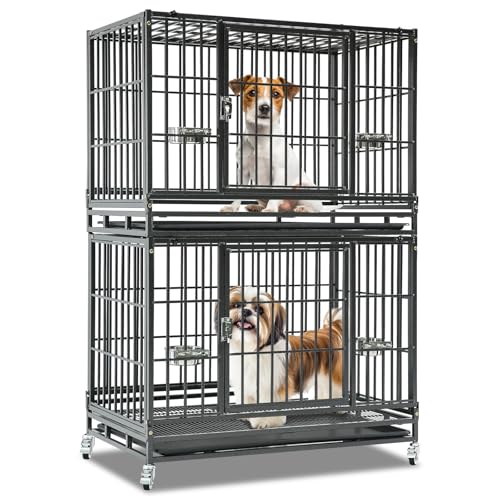 Homey Pet 37 Inch Heavy Duty Dog Crate Indestructible, Collapsible Dog Cage with Lockable Wheels, Removable Tray, High Anxiety Dog Kennel Indoor, Two Tiers Stackable Dog Crates for Medium Dogs - size: 37"L - 2 Tiers