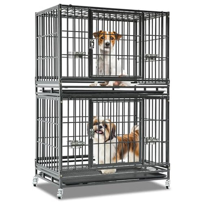 Homey Pet 37 Inch Heavy Duty Dog Crate Indestructible, Collapsible Dog Cage with Lockable Wheels, Removable Tray, High Anxiety Dog Kennel Indoor, Two Tiers Stackable Dog Crates for Medium Dogs - size: 37"L - 2 Tiers