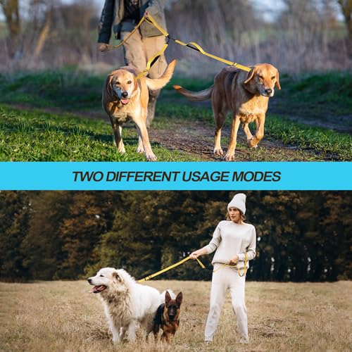 Double Dog Leash, No Tangle Dual Leash, Reflective Walking Training Lead, 4 Comfortable Padded Handles for 2 Dogs with Collapsible Bowl and Waste Bags (Yellow, Large) - color: Yellow