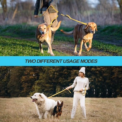 Double Dog Leash, No Tangle Dual Leash, Reflective Walking Training Lead, 4 Comfortable Padded Handles for 2 Dogs with Collapsible Bowl and Waste Bags (Yellow, Large) - color: Yellow