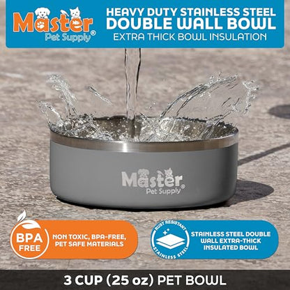 Master Pet Supply Stainless Steel Dog Bowls - 25 oz, Heavy Duty - Graphite, Double Wall Extra-Thick Insulated, Non-Slip Pet Water Bowl for Dogs, Cats & Pets, Anti Rust Metal, Dish Washer Safe - color: Graphite, size: 3 Cups (25 oz)