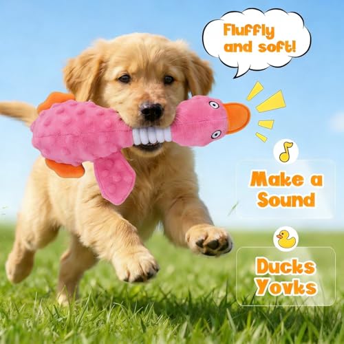 Squeaky Dog Toys for Aggressive Chewers, Durable Stuffed Animal Plush Dog Toy with Soft Fabric for Large, Medium & Small Dogs, Interactive Puppy Chew Toy for Teething, Crinkle Duck Dog Toy - Pink - color: PINK