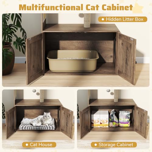 Tangkula Cat Tree with Litter Box Enclosure, Hidden Litter Box Cat Tower with Sisal Scratching Post & Mat, Dangling Ball, Vented Holes, Farmhouse Cat House Washroom (Oak Gray)