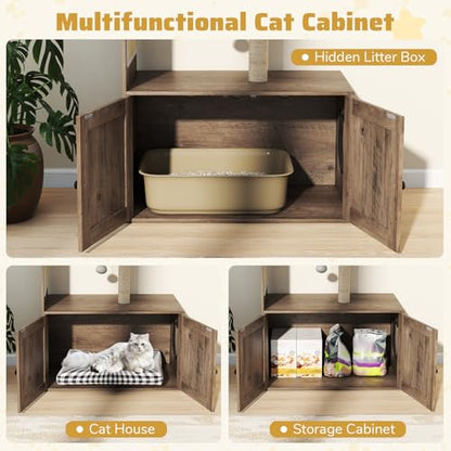 Tangkula Cat Tree with Litter Box Enclosure, Hidden Litter Box Cat Tower with Sisal Scratching Post & Mat, Dangling Ball, Vented Holes, Farmhouse Cat House Washroom (Oak Gray)