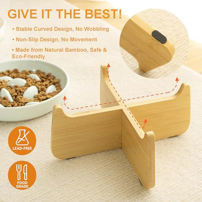 Non-Slip Rubberwood Elevated Cat Feeder Stand - 6.1"x3.5" Detachable Bowl Holder, Ergonomic Anti-Vomiting Raised Pet Dish Stand (White(Ceramic)-Bamboo Stand) - color: White(Ceramic)-Bamboo Stand