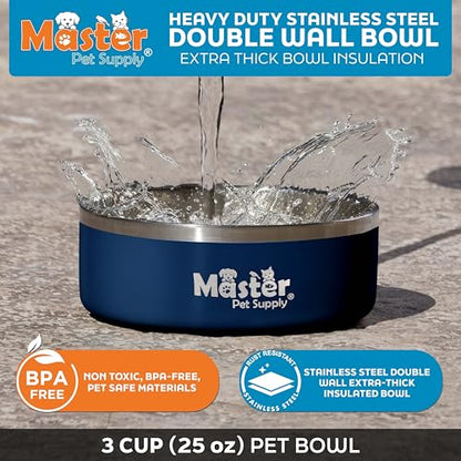 Master Pet Supply Stainless Steel Dog Bowls - 25 oz, Heavy Duty - Navy Blue, Double Wall Extra-Thick Insulated, Non-Slip Pet Water Bowl for Dogs, Cats & Pets, Anti Rust Metal, Dish Washer Safe - color: Navy Blue, size: 3 Cups (25 oz)