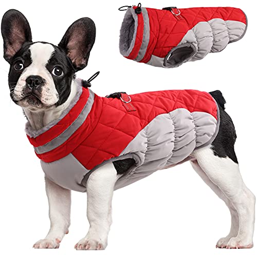 FUAMEY Dog Coat for Small Dogs,Waterproof Dog Winter Jacket with Harness Built in Puppy Cold Weather Coats Reflective Pet Vest with Zipper Warm Fleece Dogs Snowsuit Windproof Red XS - color: Red, size: XS(chest:14in)