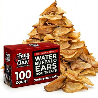 100 Count Water Buffalo Ears for Dogs, Bulk Pack, Jumbo 5-Inch - Pig Ear & Rawhide Alternative, Single-Ingredient Grass-Fed Long-Lasting Natural Dog Chews for Aggressive Chewers - style: 100 Count