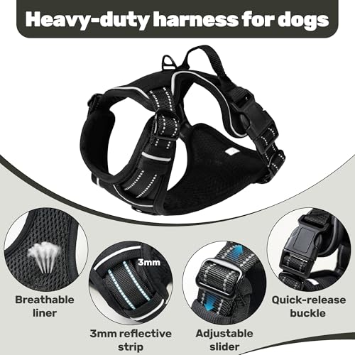 No Pull Dog Harness Escape Proof, Adjustable Reflective Dog Vest with Control Handle, No Choke Pet Harness for Medium and Large Dogs (Black, M)