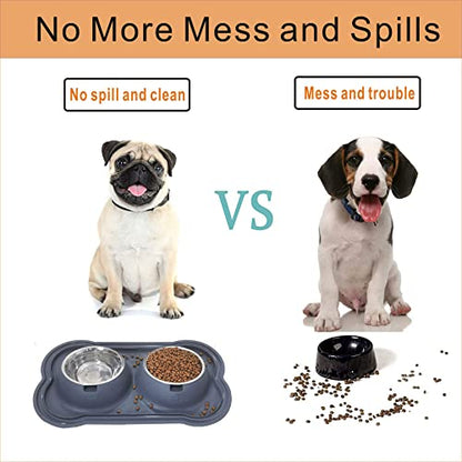 Stainless Steel Dog Bowls with Silicone Mat, Non-Skid Pet Feeder, No-Spill Design, Rust-Resistant Cat Dishes, Easy to Clean, Grey