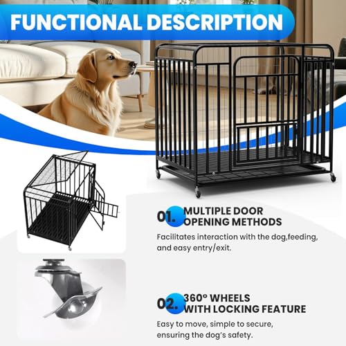 37-Inch Medium Dog Crate with Divider, Double Door Folding Alloy Metal Wire Cage with Leak-Proof Plastic Tray, Portable Pet Kennel for Indoor, Outdoor, and Travel,Black
