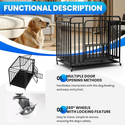 37-Inch Medium Dog Crate with Divider, Double Door Folding Alloy Metal Wire Cage with Leak-Proof Plastic Tray, Portable Pet Kennel for Indoor, Outdoor, and Travel,Black