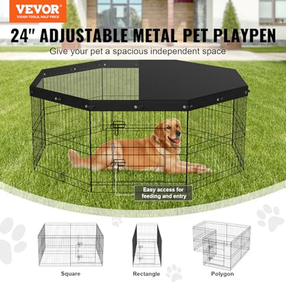 VEVOR Foldable Metal Dog Exercise Pen, Pet Puppy Playpen Yard Fence with Top Cover & Door, Indoor Outdoor 8 Panels 24" W x 24" H Dogs Crate Kennel with Ground Stakes for Small & Medium Dogs - size: 8 panels 24*24in, style: Playpen + Top Cover