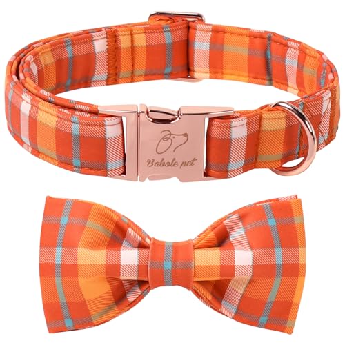 Fall Dog Collar with Bow Tie - Fall Orange Plaid Pattern Halloween Puppy Collar, Adjustable Metal Buckle Thanksgiving Bowtie Dog Collars for Small Medium Large Dogs XS - color: B-Orange Plaid, size: XS