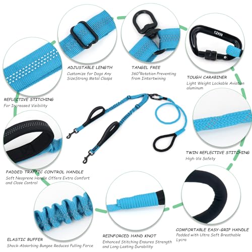 Double Dog Leash No Tangle – Dual Dog Leash for 2 Dogs with Shock Absorbing Bungee, 360° Swivel, Reflective Safety, Heavy Duty for Medium & Large Dogs (Bright Blue) - color: Bright Blue