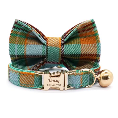 Personalized Plaid Cat Collar with Bell - Non-Breakaway Custom Polyester Kitten Collar with Engraved Name & Phone Number (Pattern 08, S (6.5-10.5 Inches)) - color: Pattern 08, size: S (6.5-10.5 Inches)