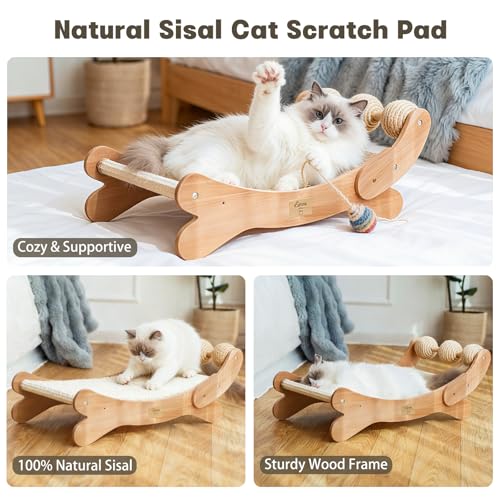 Sisal Cat Scratcher Bed with 3 Toy Balls for Indoor Cats, Durable Wooden 3-in-1 Hammock Lounge & Scratch Pad - Modern Furniture for Large Cats, Scratching Post Lounger - size: Extra Large