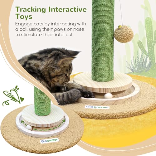 Globlazer Tall Scratching Post for Cats, Cactus Cat Scratching Post Cat Scratcher Cute Sisal Large Cat Scratching Post with Modern Wooden Ball Tracking Interactive Toys, SC30