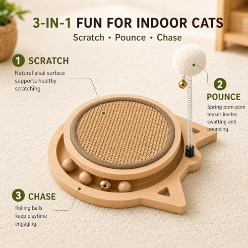 Cat Scratcher Board with Natural Sisal, Interactive Cat Track Toy with Spring Ball – Durable Kitten Scratching Pad for Indoor Cats, Kitty Wooden Cat Toy Stress Relief & Fun Exercise