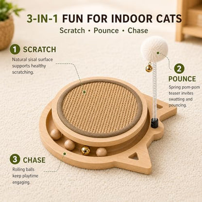 Cat Scratcher Board with Natural Sisal, Interactive Cat Track Toy with Spring Ball – Durable Kitten Scratching Pad for Indoor Cats, Kitty Wooden Cat Toy Stress Relief & Fun Exercise