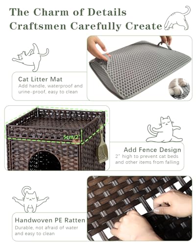 SETVSON Cat Litter Box Enclosure Furniture, Hidden Litter Box with Mat and Fence, Handwoven Rattan Cat House with Two S-Shaped Hooks for Living Room, Bedroom, 18.5 x 20.5 x 19.1 Inches (Brown) - color: Brown, size: Standard