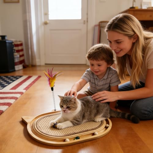 Sisal Cat Scratcher Toy with Ball Track Feather and Ball, Wooden Interactive Toy for Indoor Cats, Scratch Pad,Kitten Toys for Chasing Hunting Physical Exercise(12.9 * 17.4in