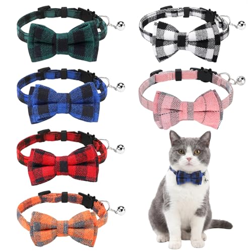 6 Pcs Cat Collar Breakaway with Bow Tie and Bell Kitten Collars Removable Bowtie Plaid Cat Collar for Cats Kittens Puppy (Vintage) - style: vintage
