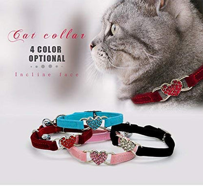CHUKCHI Pink Soft Velvet Safe Cat Adjustable Collar with Crystal Heart Charm and Bells 8-11 Inches(Black+Red+Pink+Blue) - color: Black+Red+Pink+Blue
