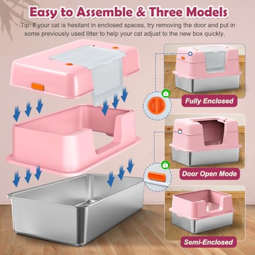 Vivifying Pink Stainless Steel Covered Cat Litter Box – Odor-Control, Easy-Clean Modular Enclosed Kitty Toilet, Elegant Design for Stylish Cat Moms - color: Pink