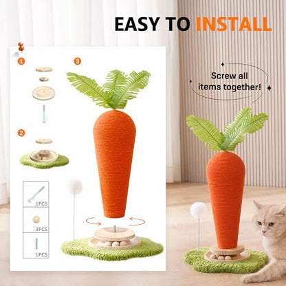 Cute Cat Scratching Post, Carrot Cat Scratcher Post with Durable Natural Wooden Turntable Toy and Catnip, 24'‘ H Carrot Shape Design Sisal Cat Tree Sisal Scratcher for Indoor Cats (Cloud Base) - color: Carrot