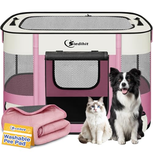 Dog Playpen,Cat Pet Puppy Pen,Portable Playpens for Dogs Indoor Outdoor Travel Camping Use,Foldable Dog Kennel Tent Crate for Rabbit Small Animals with Carrying Case (Pink with Pad, Medium) - color: Pink with Pad, size: Medium