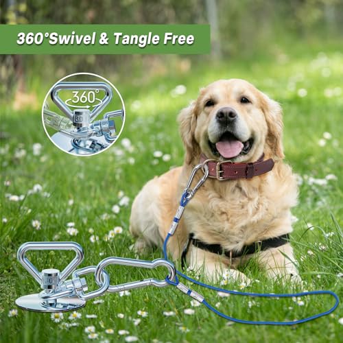 TOMBABY Dog Tie Out Cable and Stake,with 30FT Heavy Duty Cable,360° Swivel Dog Anchor& Anti-Tangle,Dog Runner for Yard,Dog Stake Allows Dogs Up to 150 lbs, Dog Stakes for Outside Beach,Camping, Yard - color: 13''silver+30FT