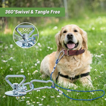 TOMBABY Dog Tie Out Cable and Stake,with 30FT Heavy Duty Cable,360° Swivel Dog Anchor& Anti-Tangle,Dog Runner for Yard,Dog Stake Allows Dogs Up to 150 lbs, Dog Stakes for Outside Beach,Camping, Yard - color: 13''silver+30FT