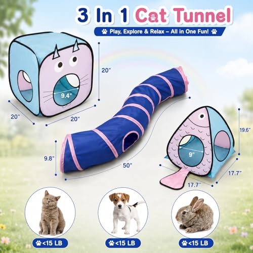 Rypet Cat Toy Tunnel and Cubes Bundle - Interactive Crinkle Collapsible Cat Tube and Foldable Cubes Playground for Kitty, Rabbit, Puppy, Ferret Hiding Hunting and Resting - color: Blue