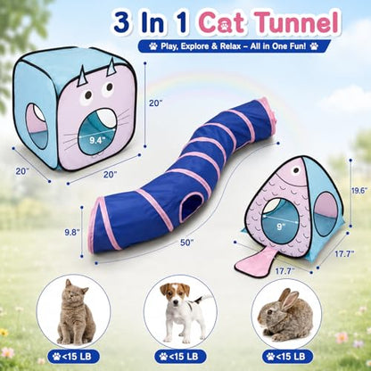 Rypet Cat Toy Tunnel and Cubes Bundle - Interactive Crinkle Collapsible Cat Tube and Foldable Cubes Playground for Kitty, Rabbit, Puppy, Ferret Hiding Hunting and Resting - color: Blue