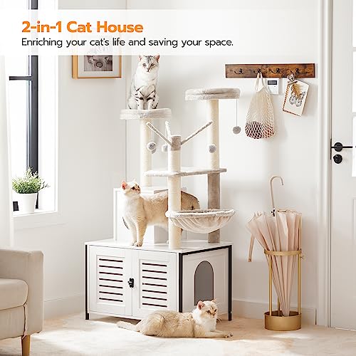 HOOBRO Cat Tree with Scratching Posts, Cat Tower Litter Box Enclosure Furniture for Indoor Cats, All-in-One Wooden Cat House Condo with Cat Hammock, Detachable Teaser Sticks, White BW14MZ03 - color: White