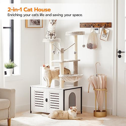 HOOBRO Cat Tree with Scratching Posts, Cat Tower Litter Box Enclosure Furniture for Indoor Cats, All-in-One Wooden Cat House Condo with Cat Hammock, Detachable Teaser Sticks, White BW14MZ03 - color: White