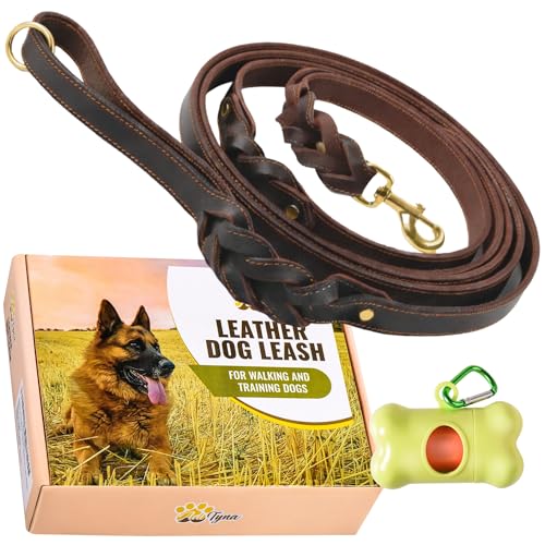 ADITYNA - Double Handle Leather Dog Leash 6ft - Heavy Duty Braided Dog Leash with Traffic Handle for Mastiff, Saint-Bernard, Rottweiler - Lead for Extra-Large Breeds (Brown, Two Handles 6 Foot x 1") - color: Brown, size: Two Handles 6 foot x 1"